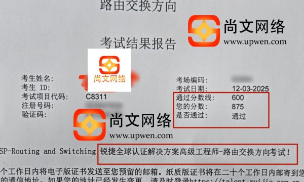 12.3日锐捷认证RGSP-RS战报，恭喜875高分通过！